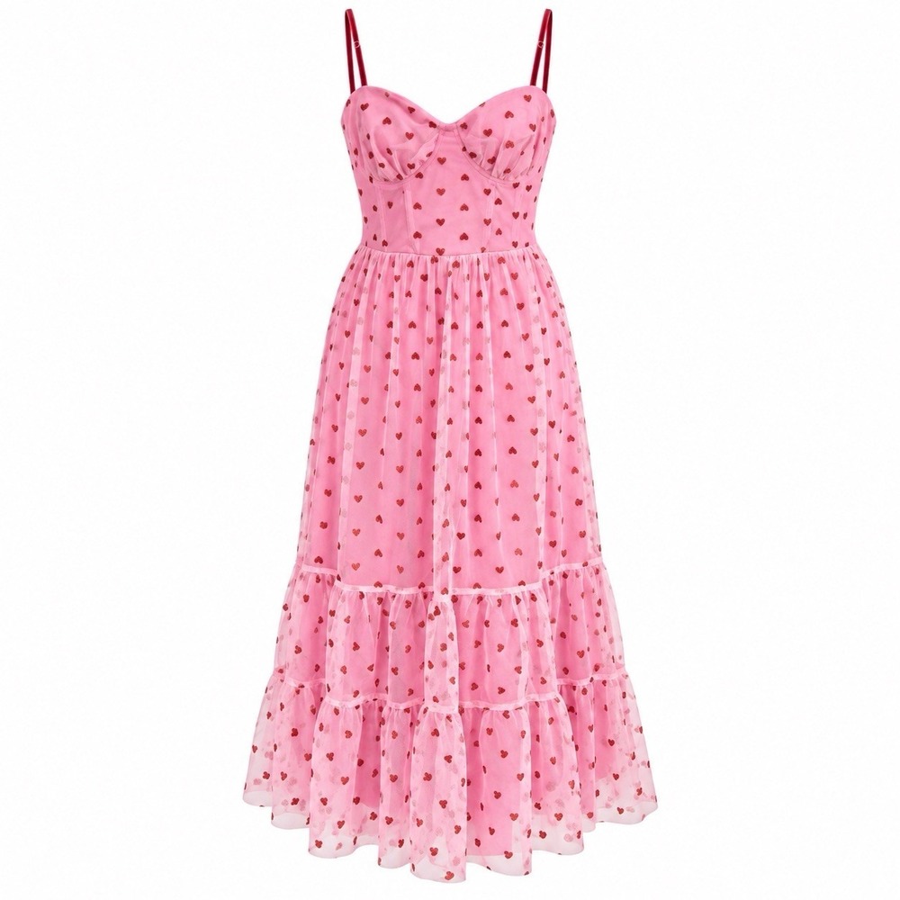Betsey Johnson Pink Heart Dress 6 Tulle Midi Party Cocktail Date Homecoming